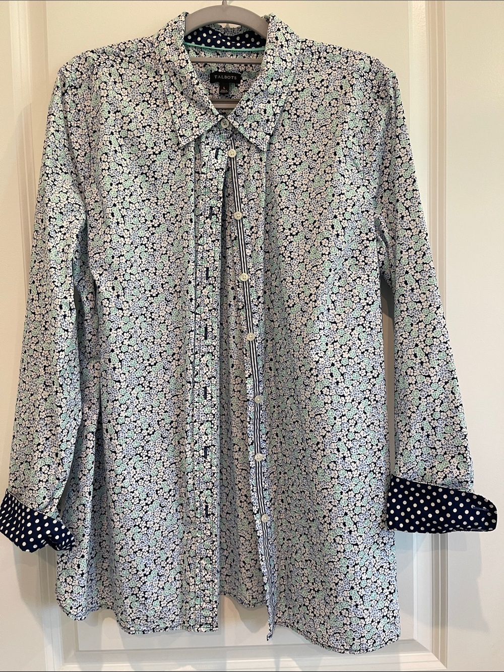 Talbots Mint and Navy Floral Button-Up Shirt